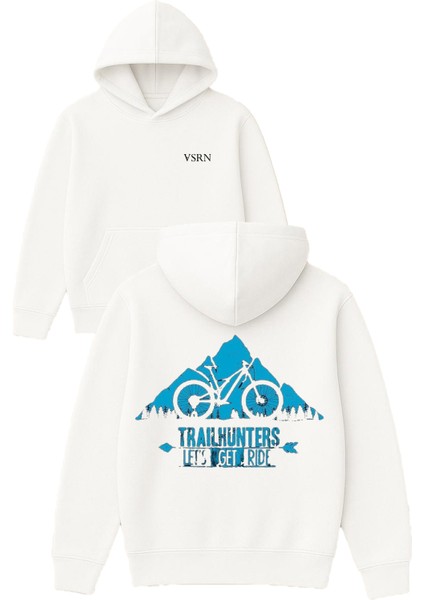 Traıl Hunters Tasarım Baskılı Oversize Beyaz Kapüşonlu Sweatshirt