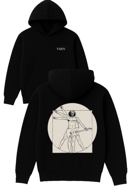 Rockçı Tasarım Baskılı Oversize Siyah Kapüşonlu Sweatshirt