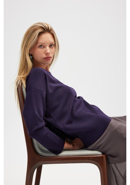 Rio Düz Örgü Kadın Triko Kazak - Koyu Mor