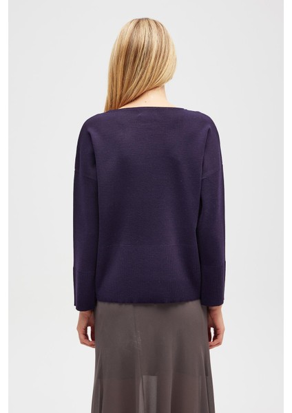 Rio Düz Örgü Kadın Triko Kazak - Koyu Mor
