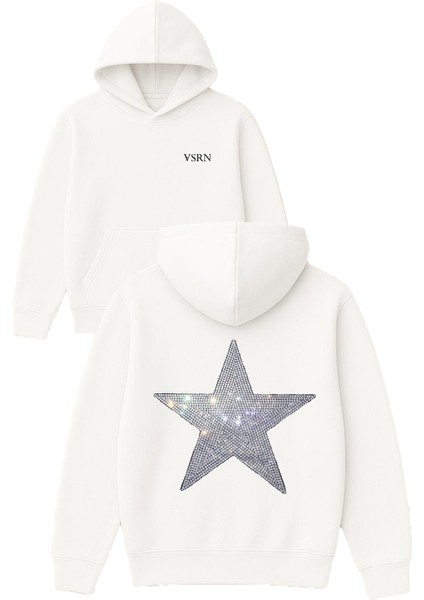 Yıldız Parıltılı 1 Tasarım Baskılı Oversize Beyaz Kapüşonlu Sweatshirt