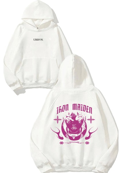 Iron Maiden Tasarım Baskılı Oversize Beyaz Kapüşonlu Sweatshirt