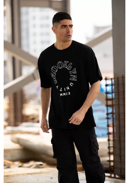 Unisex Bisiklet Yaka Baskılı Oversize T-Shirt - Siyah fırsatları