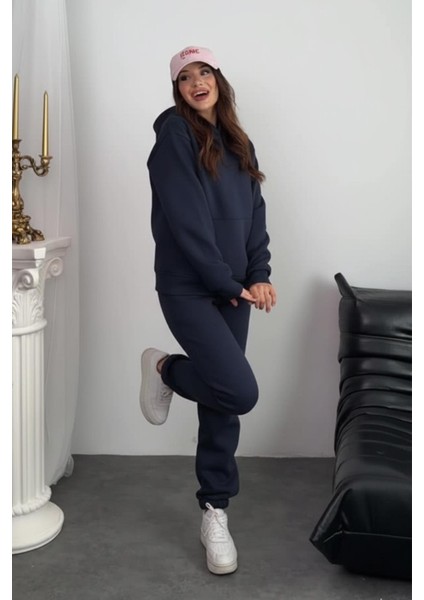 Kadın 3 Iplik Şardonlu Kapşonlu Sweatshirt Paçası Lastikli Lacivert Eşofman Takımı