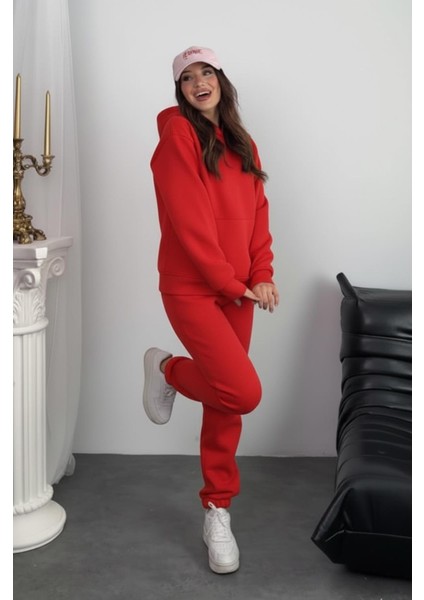 Kadın 3 Iplik Şardonlu Kapşonlu Sweatshirt Paçası Lastikli Kırmızı Eşofman Takımı