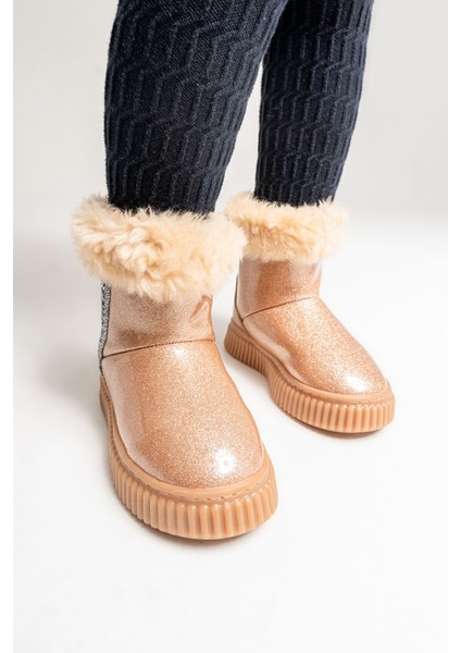 Kız Çocuk Platin Simli Suni Deri Kürklü Anatomik Kar Botu