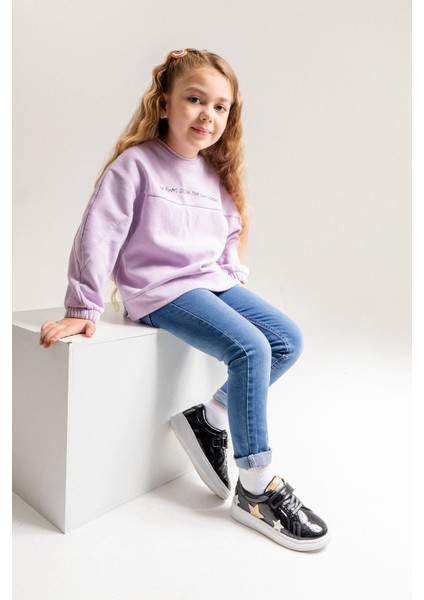 Kız Çocuk Siyah Simli Rugan Deri Anatomik Günlük Ayakkabı