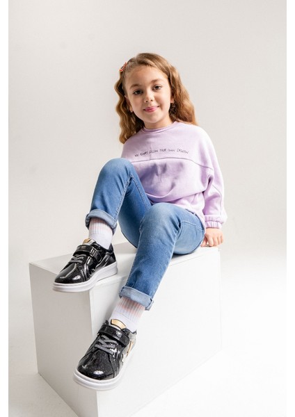 Kız Çocuk Siyah Simli Rugan Deri Anatomik Günlük Ayakkabı