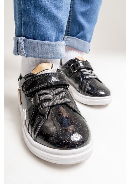 Kız Çocuk Siyah Simli Rugan Deri Anatomik Günlük Ayakkabı