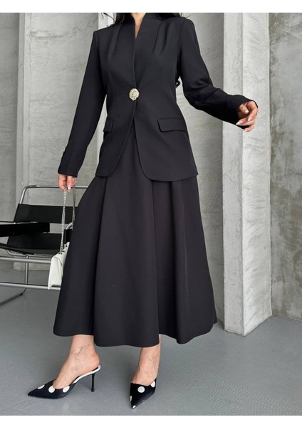 Kadın Gold Kurabiye Düğmeli Blazer Ceket Etek Takım Elbise