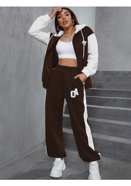 Büyük Beden Özel Tasarım Ca Baskılı Kapüşonlu Çift Renk %100 Pamuk Kışlık Yeni Trend Kadın Eşofman Takımı