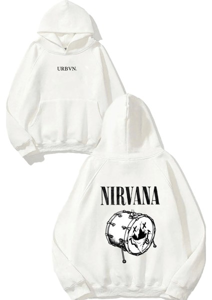 Nirvana Bateri Tasarım Baskılı Oversize Beyaz Kapüşonlu Sweatshirt