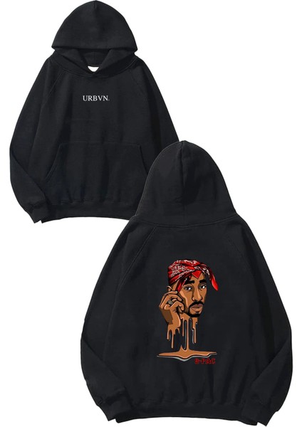 2 Pac Tasarım Baskılı Oversize Siyah Kapüşonlu Sweatshirt