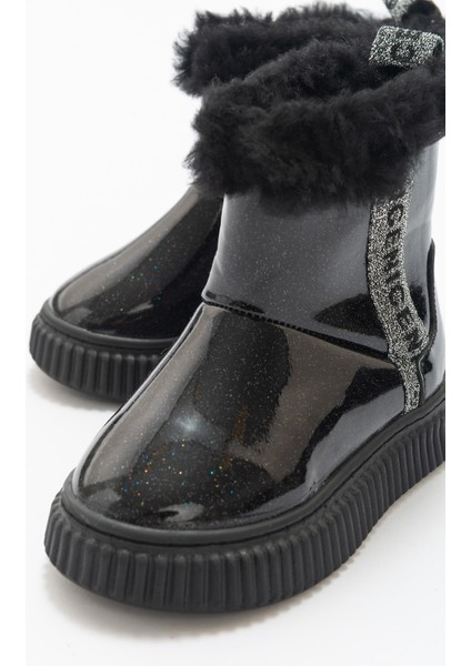 Kız Çocuk Siyah Simli Suni Deri Kürklü Anatomik Kar Botu