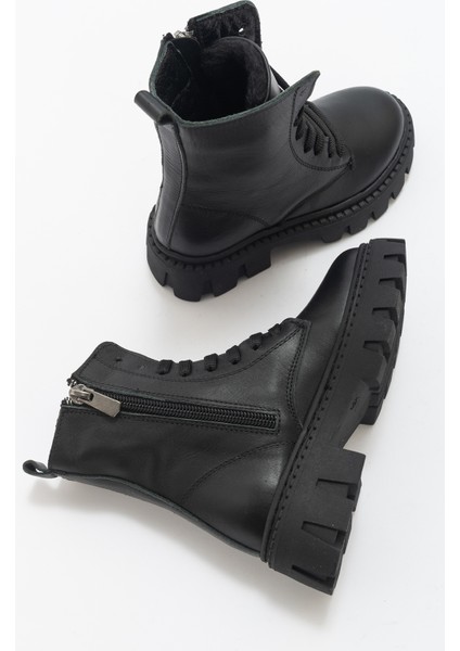 Kız Çocuk Siyah Hakiki Deri Suya Dayanıklı Postal