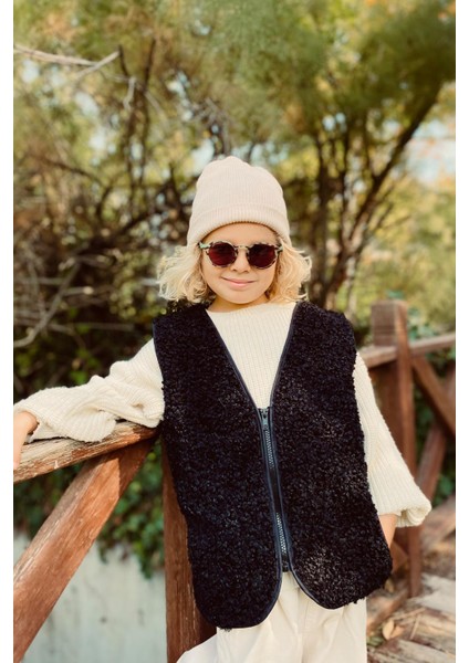 Unisex Çocuk Fermuarlı Cepli Peluş Yelek