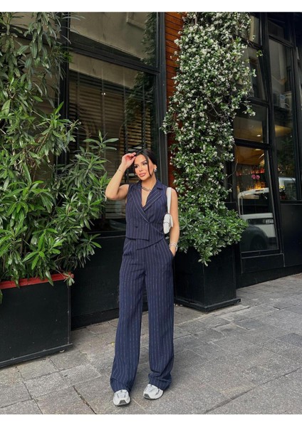 Kadın Çizgili Asimetrik Kesim Yelek Palazzo Pantolon Takım Elbise modelleri