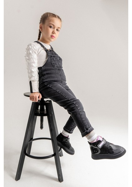 Kız Çocuk Siyah Hakiki Deri Suya Dayanıklı Anatomik Günlük Bot