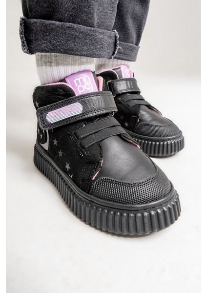 Kız Çocuk Siyah Hakiki Deri Suya Dayanıklı Anatomik Günlük Bot