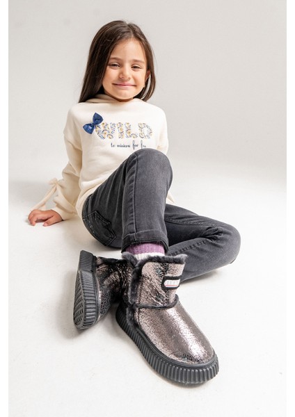 Kız Çocuk Platin Hakiki Deri Suya Dayanıklı Kürklü Günlük Bot