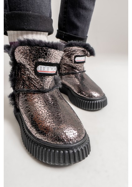 Kız Çocuk Platin Hakiki Deri Suya Dayanıklı Kürklü Günlük Bot