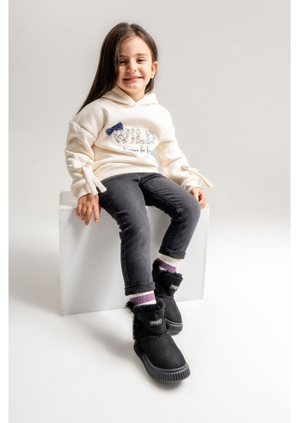 Kız Çocuk Siyah Hakiki Deri Suya Dayanıklı Kürklü Günlük Bot