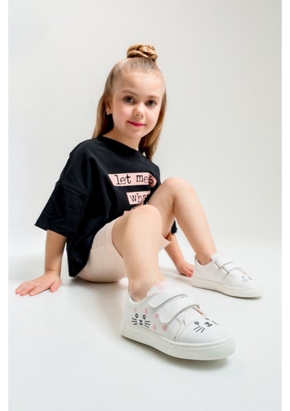 Kız Çocuk Beyaz Kedili Sneaker Ayakkabı