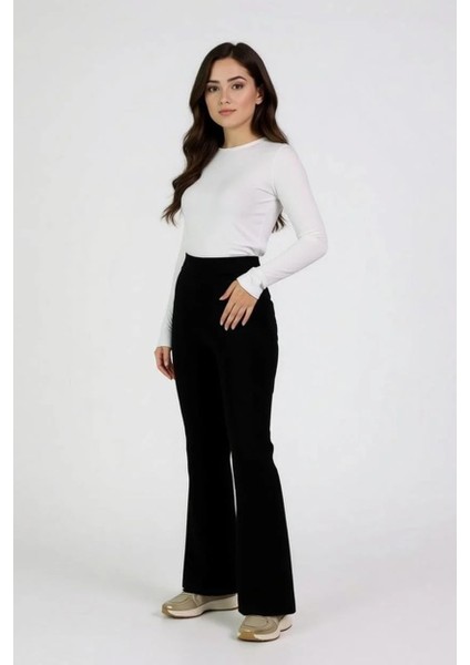 Yüksek Bel Siyah Ispanyol Paça Eşofman Altı