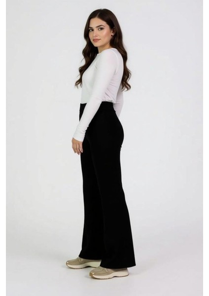 Yüksek Bel Siyah Ispanyol Paça Eşofman Altı