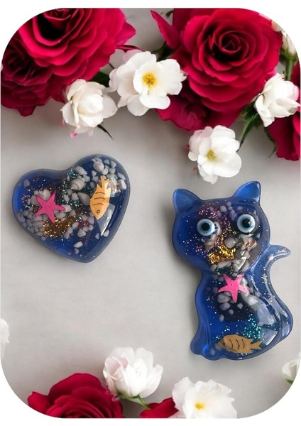 Temalı Magnet Set, Mavi Kedi ve Kalp Şeklinde, Balık ve Deniz Yıldızı Desenli, 2 Parça Buzdolabı Süsü (2, Kedi-Kalp)