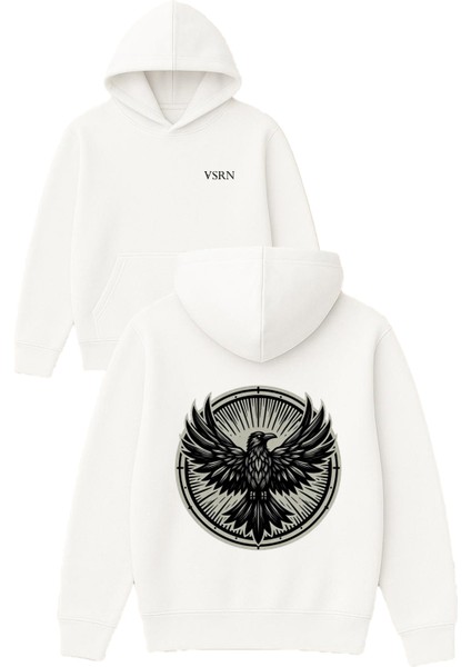 Anka Kusu Tasarım Baskılı Oversize Beyaz Kapüşonlu Sweatshirt