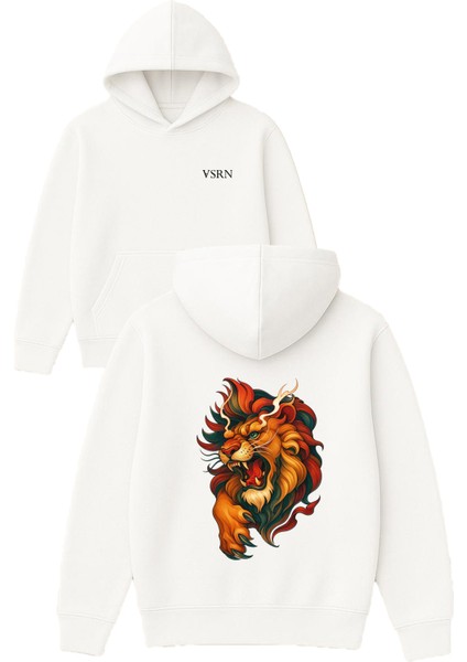 Aslan Pencesi Tasarım Baskılı Oversize Beyaz Kapüşonlu Sweatshirt