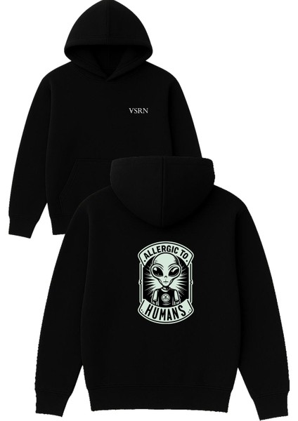 To Humans Tasarım Baskılı Oversize Siyah Kapüşonlu Sweatshirt