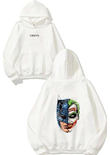 Joker Batman Yüz Tasarım Baskılı Oversize Beyaz Kapüşonlu Sweatshirt