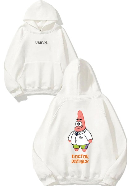 Patrick Doctor Tasarım Baskılı Oversize Beyaz Kapüşonlu Sweatshirt