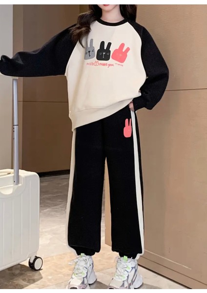 Özel Tasarım Kapüşonlu Üç Renkli Tavşan Baskılı %100 Pamuk 3 Iplik Hip Hop Kışlık Kız Çocuk Eşofman Takımı