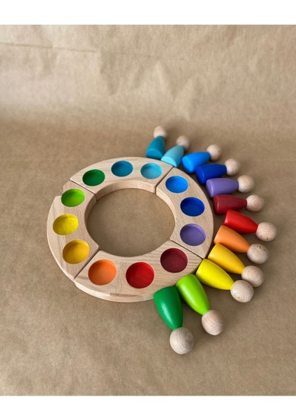1 Yaş 12'li Waldorf Gökkuşağı Peg Bebek Tabla Seti Peg Bebek Renk Eşleştirme Ahşap Oyuncak Yuvarlak