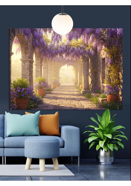 Mor Çiçekli Yol Manzarası Dekoratif Kanvas - Mdf Ahşap Tablo