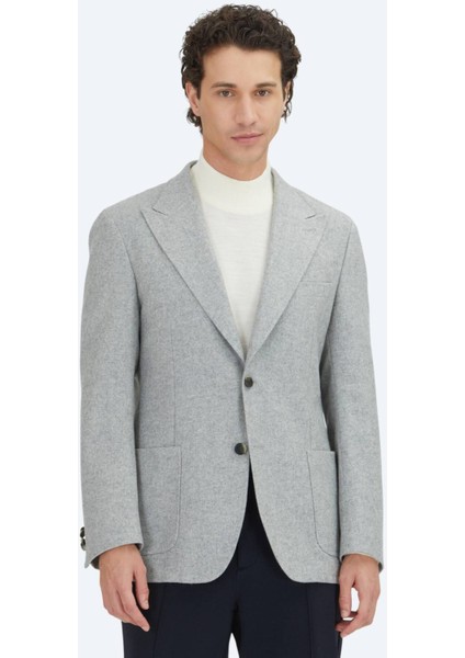 Gri Desenli Modern Fit Yün Karışımlı Ceket