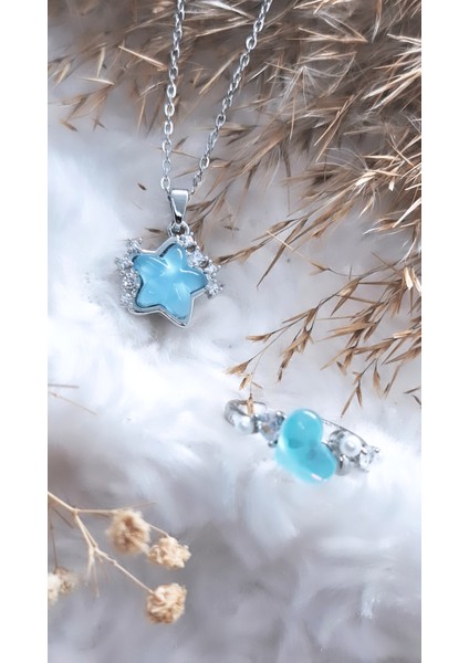 Mavi Zirkon Taşlı Yıldız Kalp Çelik Kolye Yüzük Set