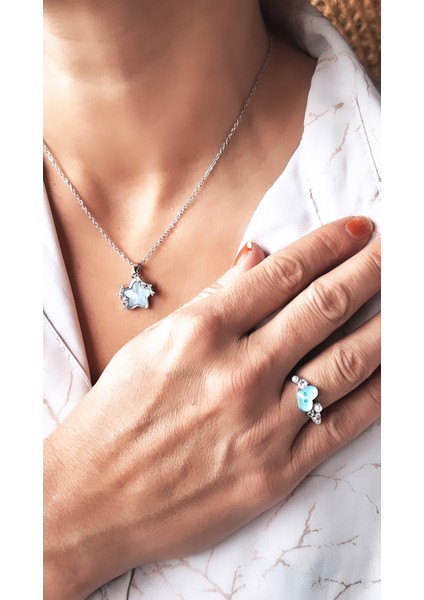 Mavi Zirkon Taşlı Yıldız Kalp Çelik Kolye Yüzük Set fiyatları