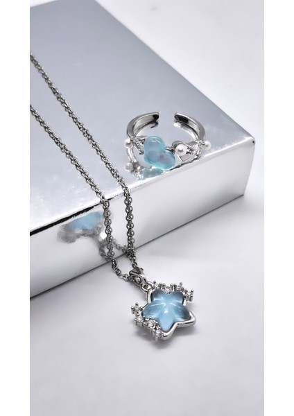 Mavi Zirkon Taşlı Yıldız Kalp Çelik Kolye Yüzük Set fırsatları