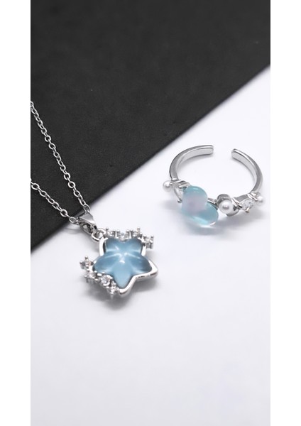 Mavi Zirkon Taşlı Yıldız Kalp Çelik Kolye Yüzük Set indirimleri