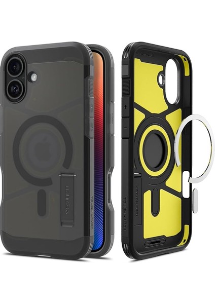 iPhone 16 Ekstra Dayanıklı Magsafe Kılıf Tough Armor Ai Hava Kanalı Teknolojisi™ Askeri Sınıf Koruma Magfit Kickstand'lı Frost Black Çift Katman Kapak - ACS08515