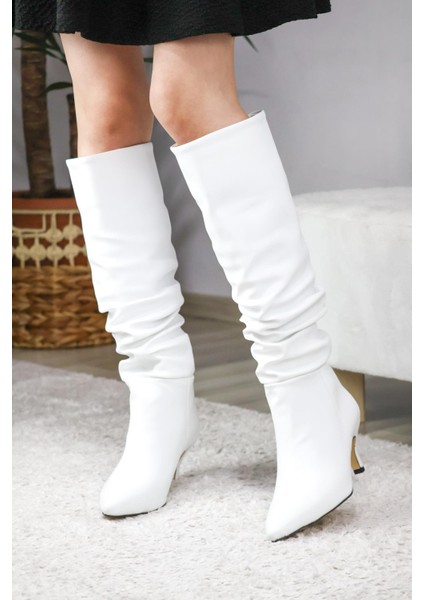 Kadın Oslo Topuklu Büzgülü Şık Tarz Günlük Rahat Çizme Beyaz