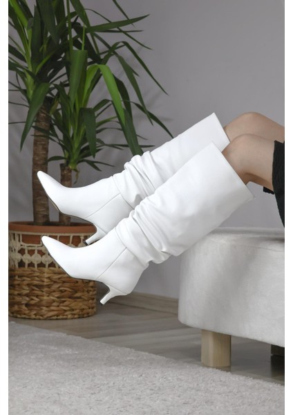 Kadın Oslo Topuklu Büzgülü Şık Tarz Günlük Rahat Çizme Beyaz indirimleri