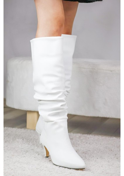 Kadın Oslo Topuklu Büzgülü Şık Tarz Günlük Rahat Çizme Beyaz
