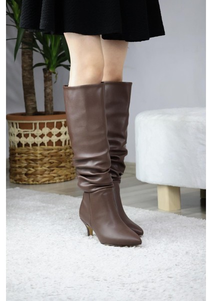 Kadın Oslo Topuklu Büzgülü Şık Tarz Günlük Rahat Çizme Kahverengi