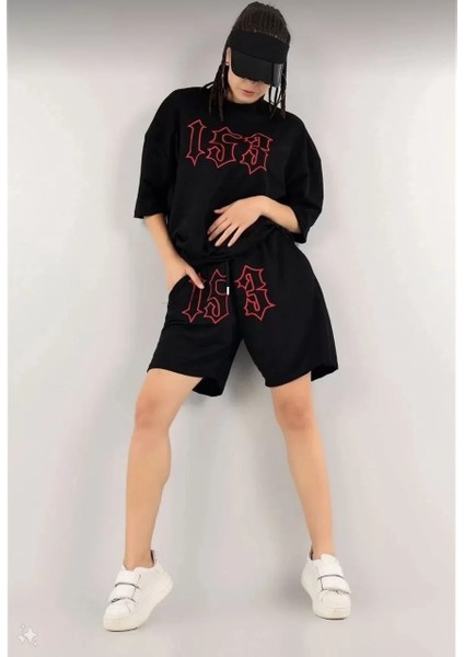 Kadın Unisex Nakış Işlemeli Şort Takım - Siyah fiyatları