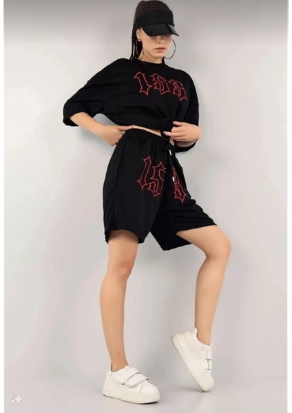 Kadın Unisex Nakış Işlemeli Şort Takım - Siyah modelleri